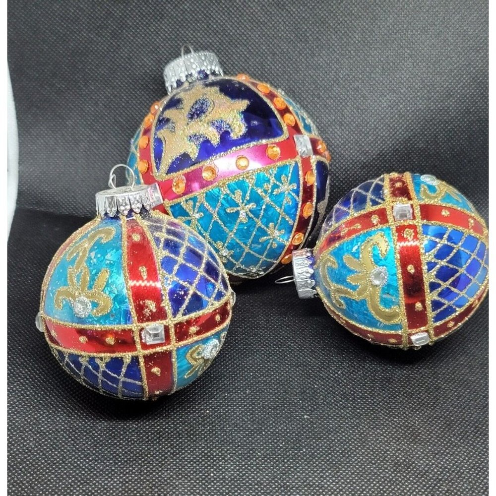 3 VTG G&D Glass Christmas Ornament 3”4" Glitter Satin multi color Embellished